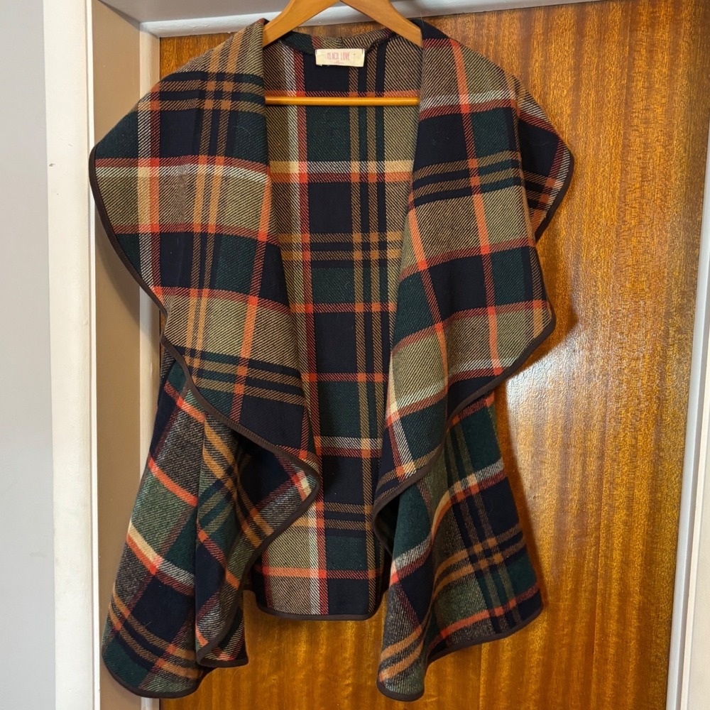 Peach Love California Womens Plaid Drape Front Vest Navy Green Orange Small USA